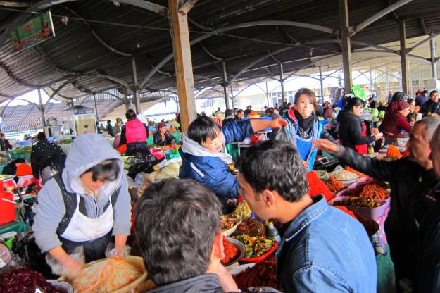 Korean ladies selling pickled salads and kimchi. Chorsu Bazaar, Tashkent. 