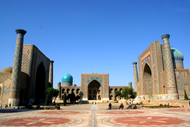 The Registan (meaning 'sandy place' which explains why the buildings are leaning), heart of ancient Samarkand during the Timurid era.   From left to right: Ulugh Beg Madrasah, Tilya-Kori Madrasah and Sher-Dor Madrasah.